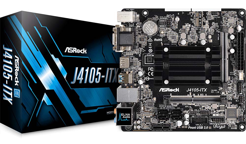 ASRock J4105-ITX Mainboard mit integriertem Intel-Prozessor und Unterstützung für bis zu 32GB RAM.