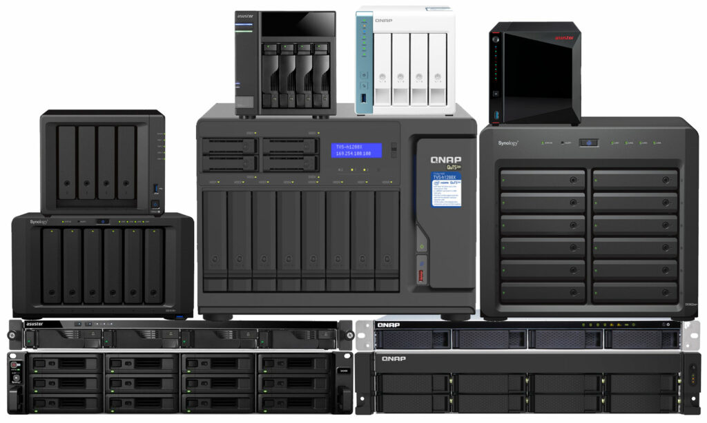 Various NAS systems from brands like Synology, QNAP, and Asustor, designed for data storage and backup.