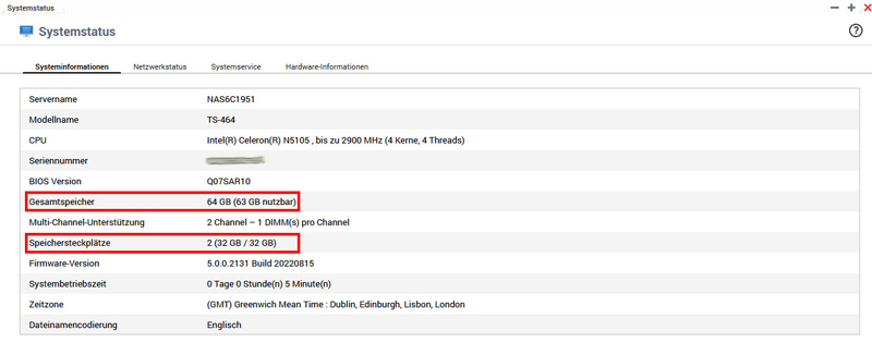 Screenshot Systemstatus Qnap TS-464 mit 64GB RAM