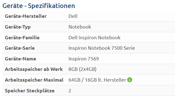 Suche auf speicher.de und Anzeigen der Geräte-Spezifikationen